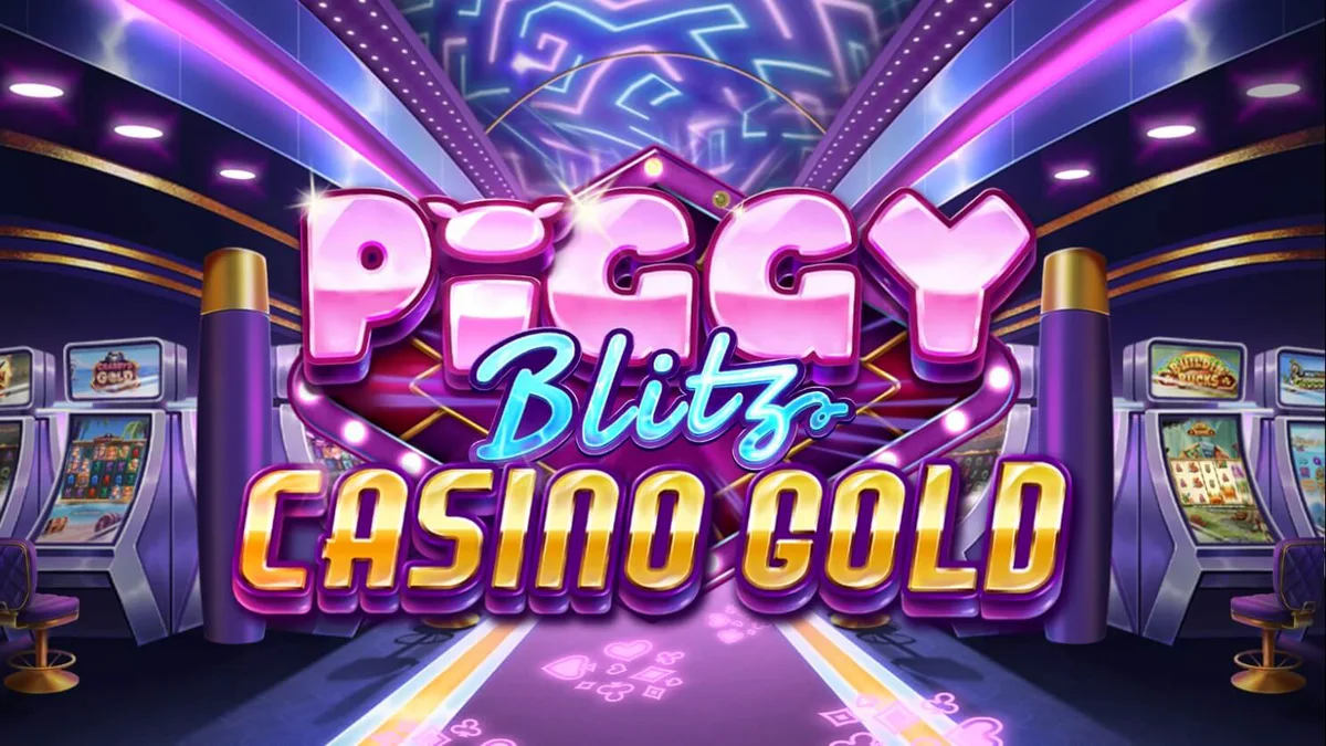 Tampilan visual mewah dan neon dari slot Piggy Blitz Casino Gold dengan simbol koin emas dan piggy bank.
