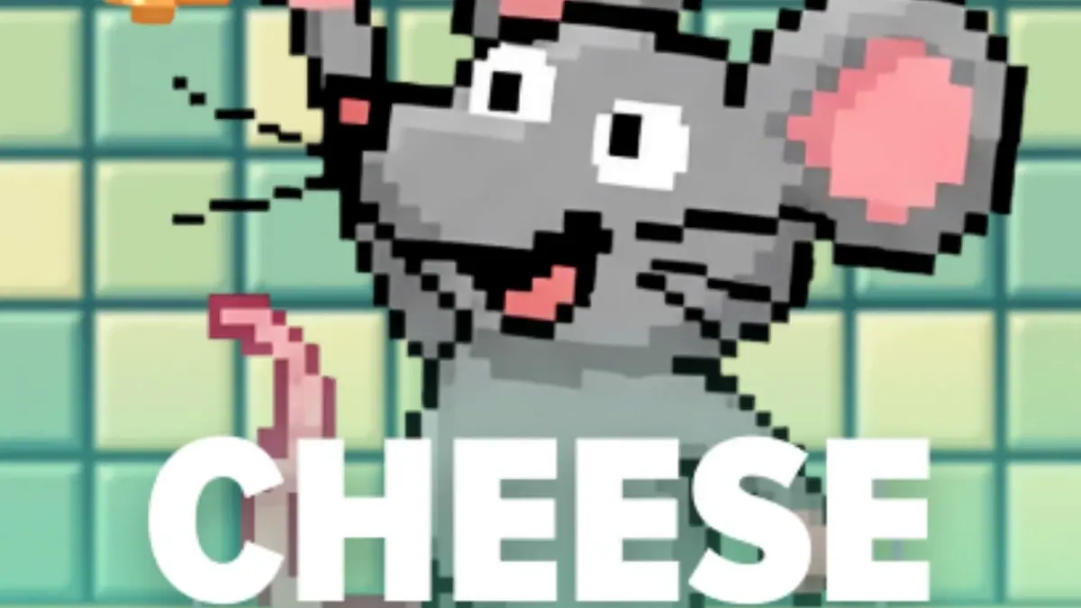 Tampilan visual retro 8-bit dari permainan Cheese Chase dengan tikus kecil dan jebakan keju.